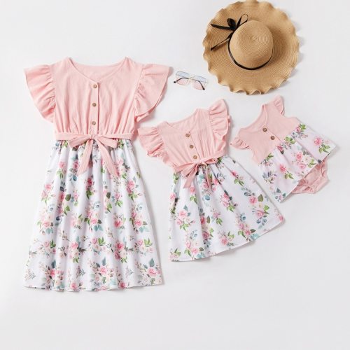 Sweet Family Matching Outfit Mom and Daughter Floral Cute Ruffles Fly Sleeve Buttons  Parent Baby Dress