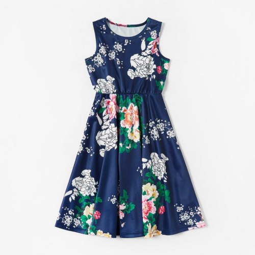 Sleeveless Family Dress Clothes For Mother And Daughter With Headband Floral Blue Mom Daughter Kids Dresses