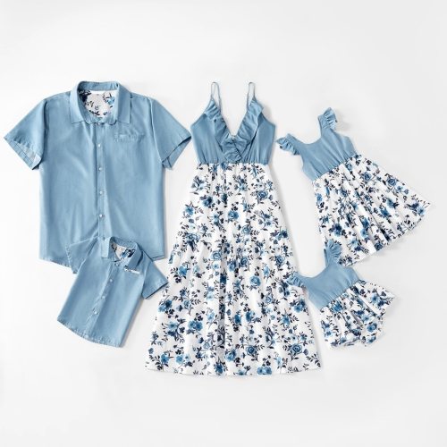 Family Matching Outfits Summer Clothes Floral Dress Blue Shirt Kids Children Parent Clothes