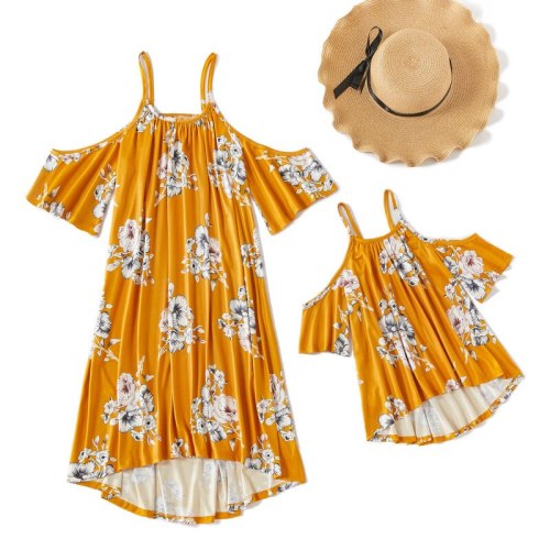 Mother And Daughter Off Shoulder Sleeve Dress Clothes Family Matching Summer Outfits Yellow Floral Mom Daughter Baby Girls Dress