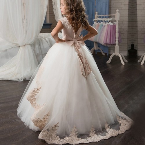 Flower Big Bow Long Prom Gowns Girl party Dress
