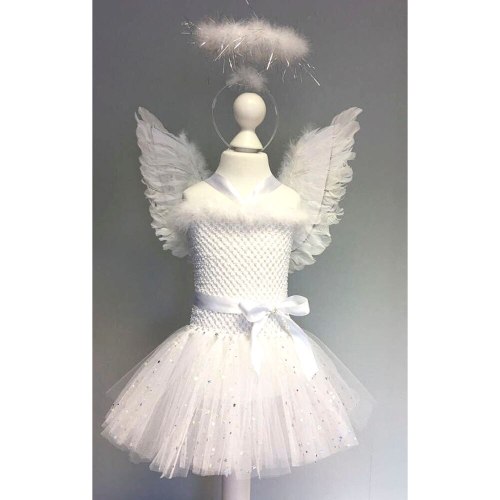 White Sparkle Girl Feather Angel Birthday Dress with Wings and Fairy Wands