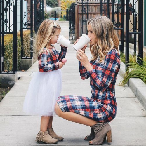 Family Matching Outfits Mother Daughter Long Sleeve Plaid Family Dress
