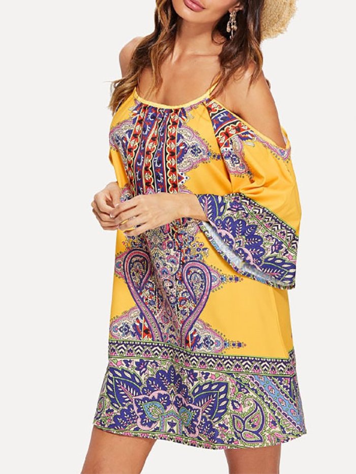 Casual Sling Printed Colour Off-Shoulder Beach Dresses