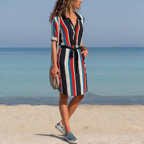 Striped Printed Lapel Lace Up Casual Dress