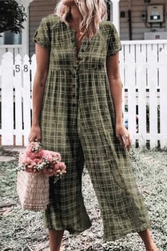 Button Down Collar  Decorative Buttons  Gingham  Short Sleeve Jumpsuits