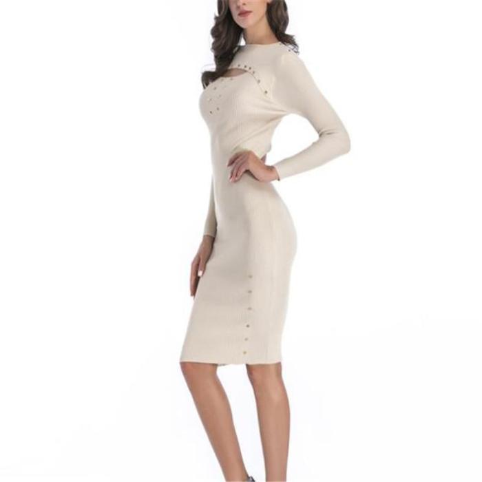 Fashion Business Casual Slim Plain Rivet Bust Long Sleeve Bodycon Dress