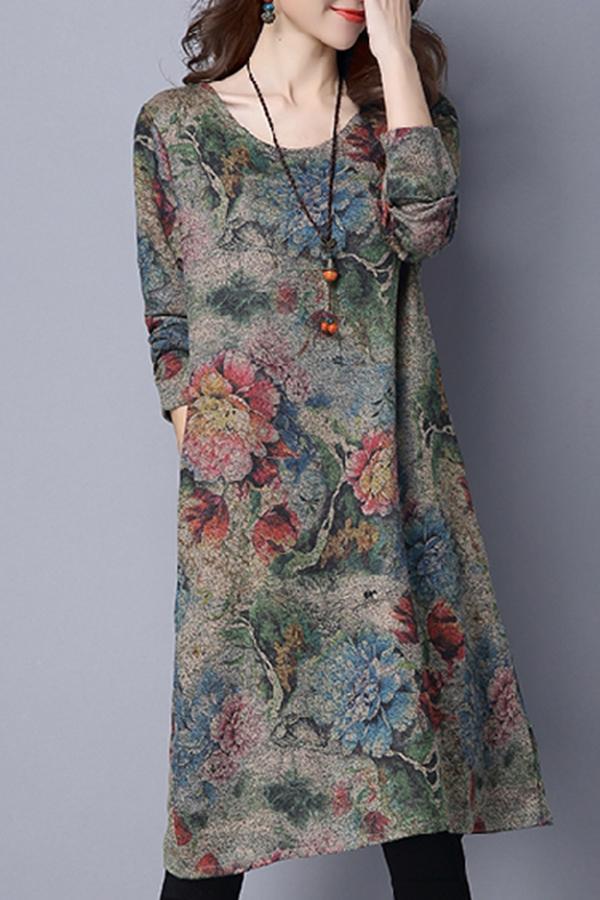 Scoop Neck  Floral Printed Vintage Casual Dresses