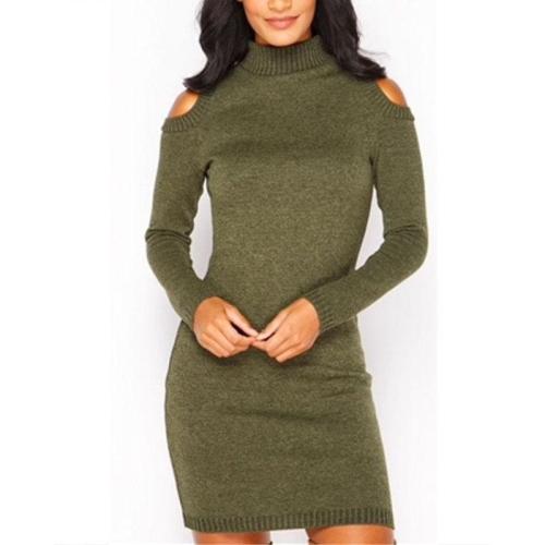 Turtle Neck Long Sleeve Hollow Out Plain Bodycon Dress