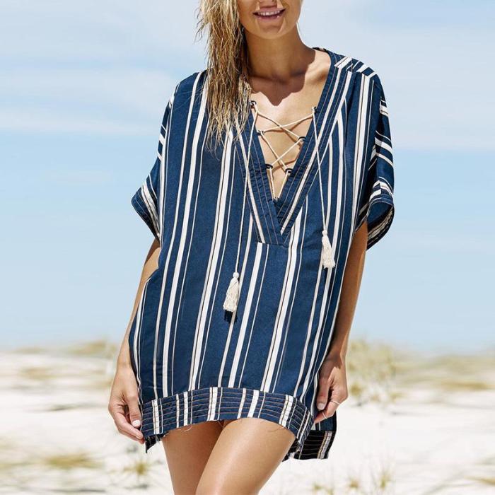 Loose Short Sleeve Stripes Printed Lace Up Casual Dress