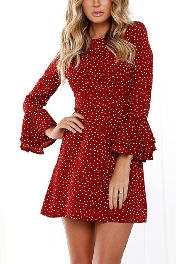 Round Neck  Dot  Bell Sleeve  Long Sleeve Casual Dresses