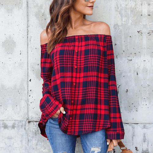Sexy Off Shoulder Plaids Printed Long Sleeve Button Blouses