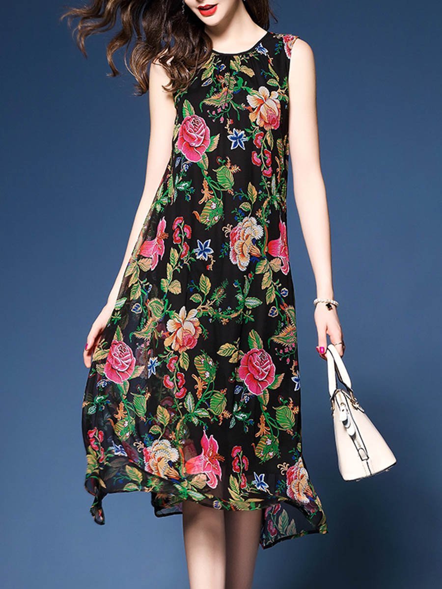 US$ 36.99 - Round Neck Floral Printed Midi Shift Dress - www.ebuytide.com
