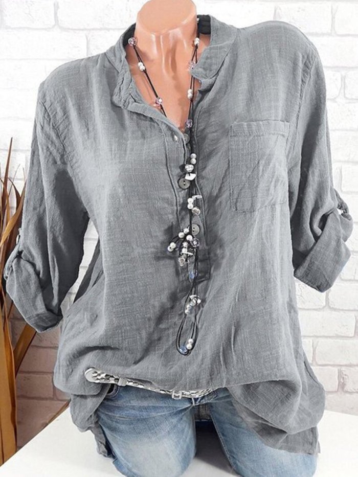 Band Collar  Single Breasted  Plain Blouses