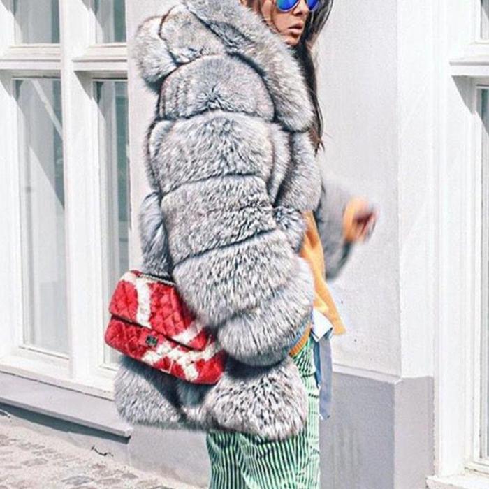Hooded Long Sleeve Plain Elegant Fashion Winter Faux Fur Coats