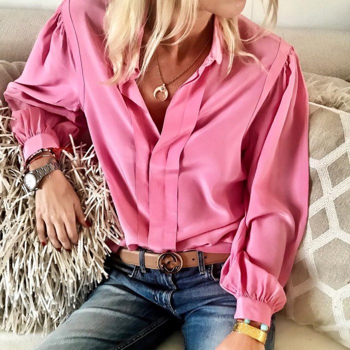 Casual Loose Pure Color Pleated Long Sleeve Shirt