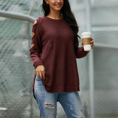 Solid Color Long Sleeve Knitted Hollow Sweater