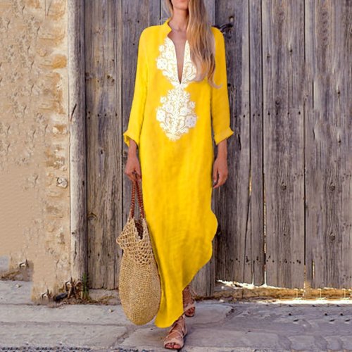 Fashionable Cotton/Line Casual V-Neck Yellow Maxi Dresses