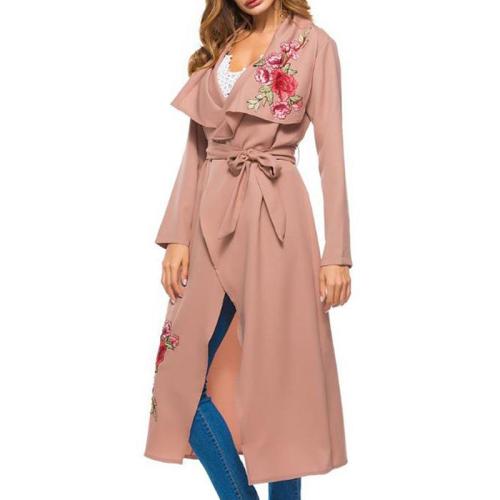 Long Embroidered Collar Lace Trench Coat