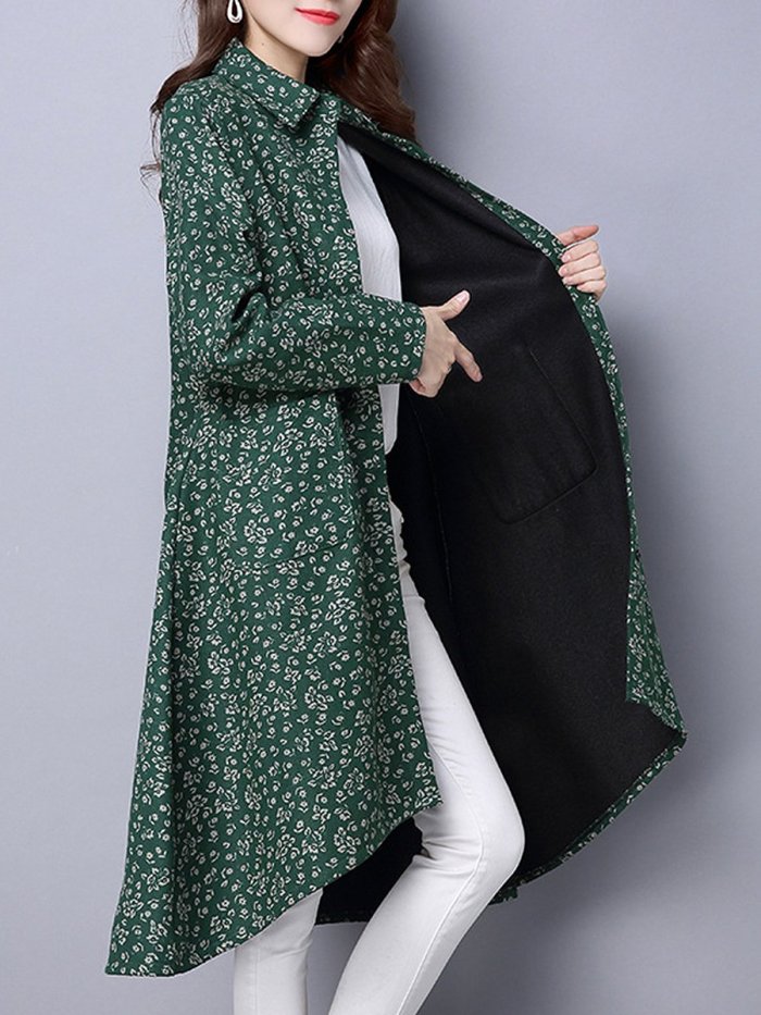 Lapel High-Low Patch Pocket Printed Coat