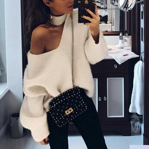 Sexy Fashion Casual Loose Plain Off Shoulder Halter Long Sleeve Sweaters