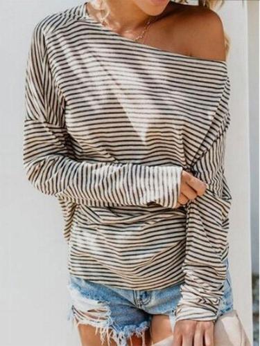 Fashion striped sloping shoulder loose T-shirt