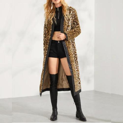 Fashion Trend Casual Tie With Leopard Print Printed Tiling Pu Leather Long Coat