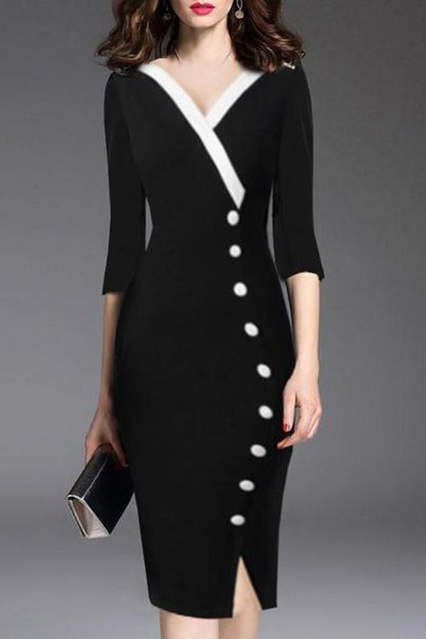 Deep V-Neck  Decorative Button  Plain Bodycon Dress