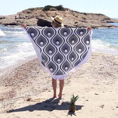 Black Crinkle Round Beach Towel Tassel Shawl