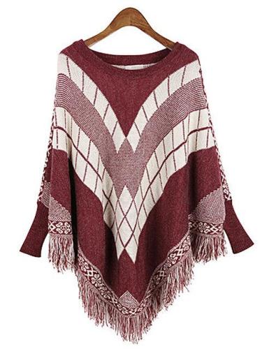 Casual Batwing Crew Neck Knitted Gingham Poncho