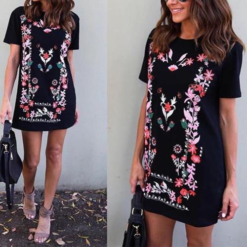 Round Neck Floral Printed Short Sleeve Casual Dress