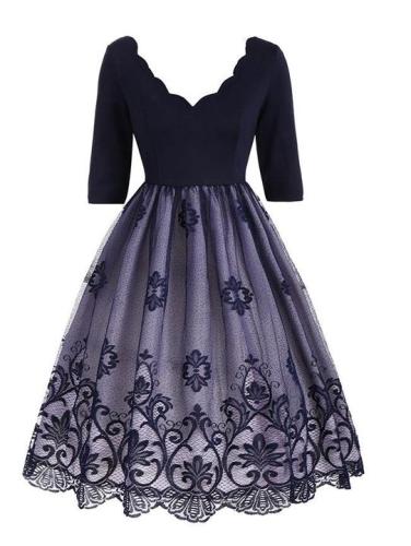 Plus Size Half Sleeve Lace Panel Vintage Dress