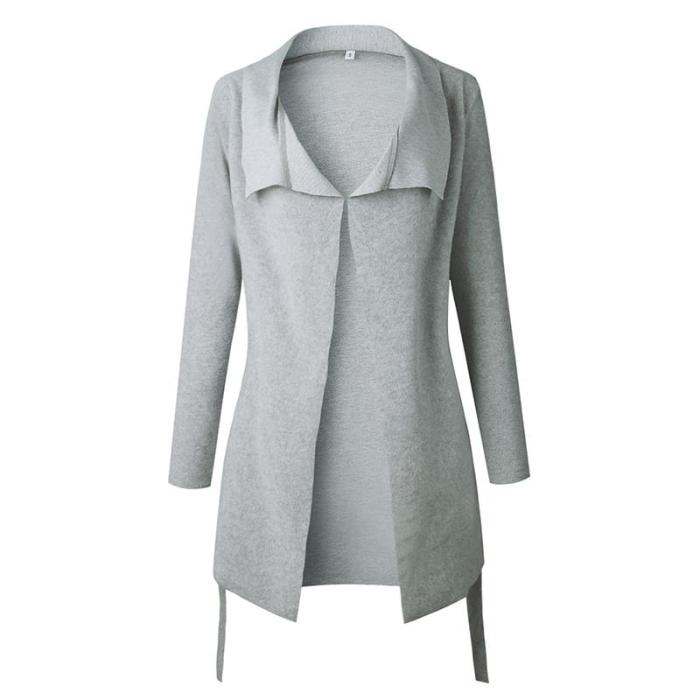 Fashion Lapel Long Sleeve Belt Asymmetrical Hem Coat