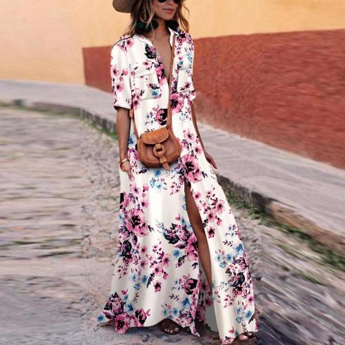 Sexy White Floral Print Short Sleeves Maxi Dress