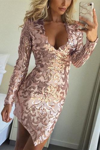 Sexy long-sleeved   sequins embroidery night Mini dress