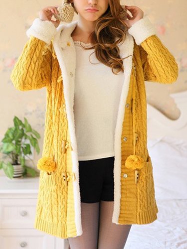 Hooded Patch Pocket Fleece Lined Knitted Coat