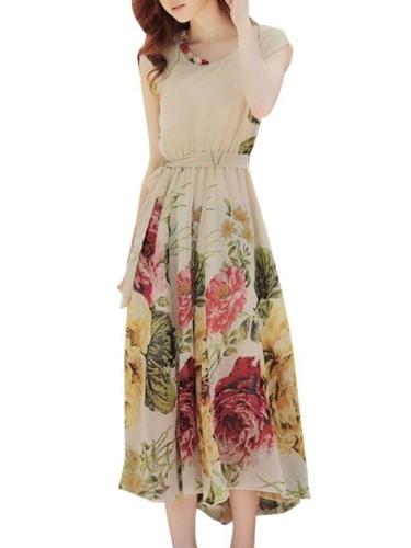 Elegant Round Neck Chiffon Floral Printed Maxi Dress