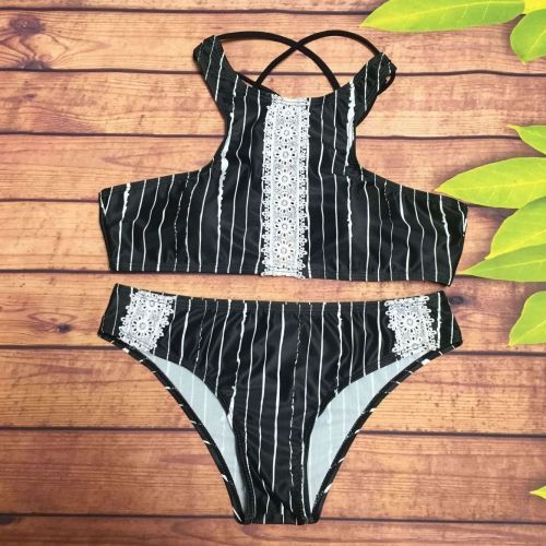 Black Sexy Stripe Lace-Up Swimwear