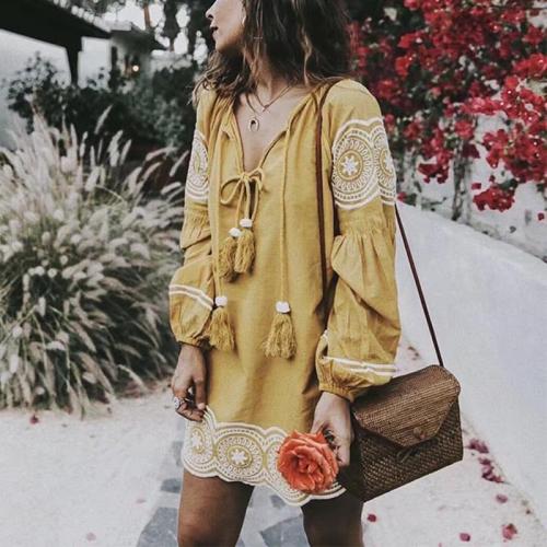 Round Neck Lace Up Embroidery Long Sleeve Casual Dress