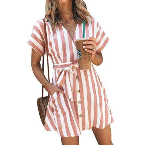 Stripes V Neck Belt Short Sleeve Pocket Casual Dresses