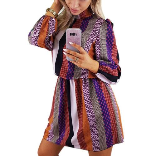 High Neck  Printed Striped  Long Sleeve Casual Dresses