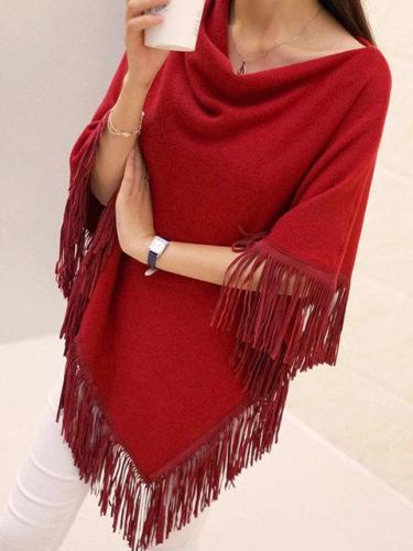 Cape Sleeve Casual Cowl Neck Asymmetrical Winter Fringed Poncho