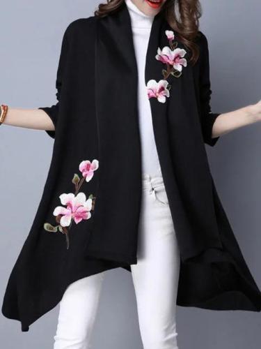 Asymmetrical Knitted Floral Casual Embroidered Poncho