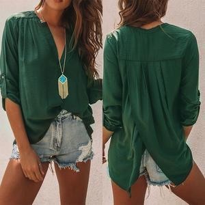 V Neck Roll-Up Sleeve Plain Pleated Casual Blouses