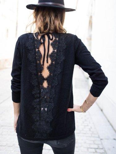 Fashion Back Hollow Out Lace Splicing T-Shirt