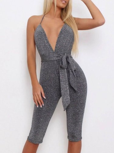 Sexy Backless Sleeveless Halter Fitting Plain Jumpsuits