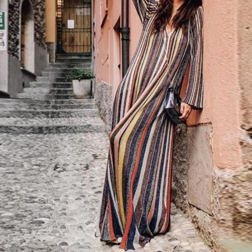 Elegant Stripes Long Sleeve Oversize Maxi Dress