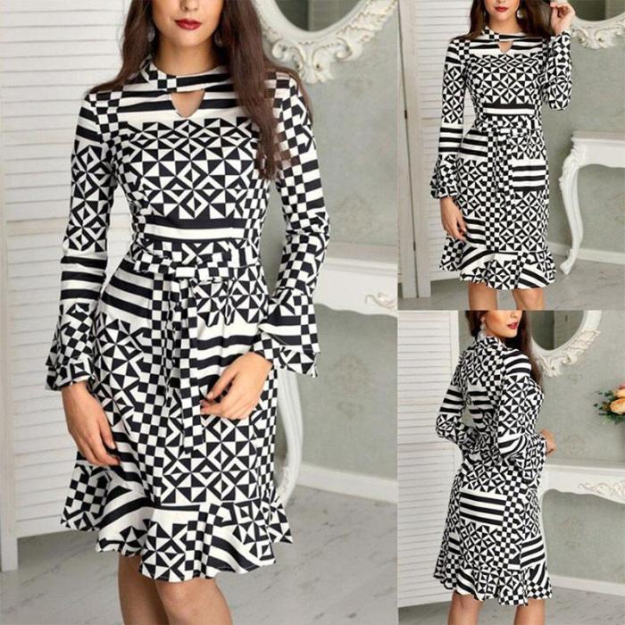 Round Neck Hollow Out Geometrical Printed Long Sleeve Casual Dresses