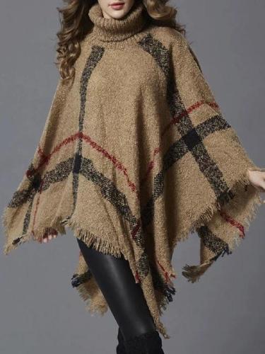 Cape Sleeve Turtle Neck Knitted Winter Checkered/Plaid Poncho