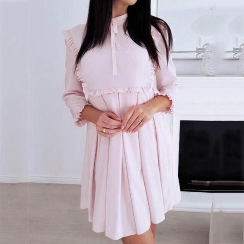Turtle Neck Lace Up Ruffles 3/4 Sleeves Casual Dresses